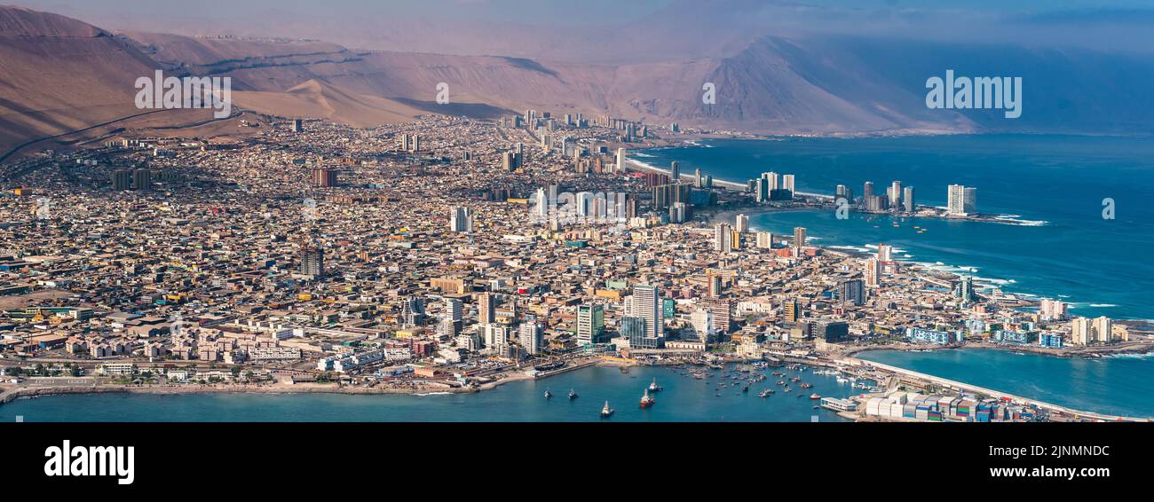 Aerial view of the port city of Iquique in northern Chile at the shores of the Atacama Desert. Stock Photo