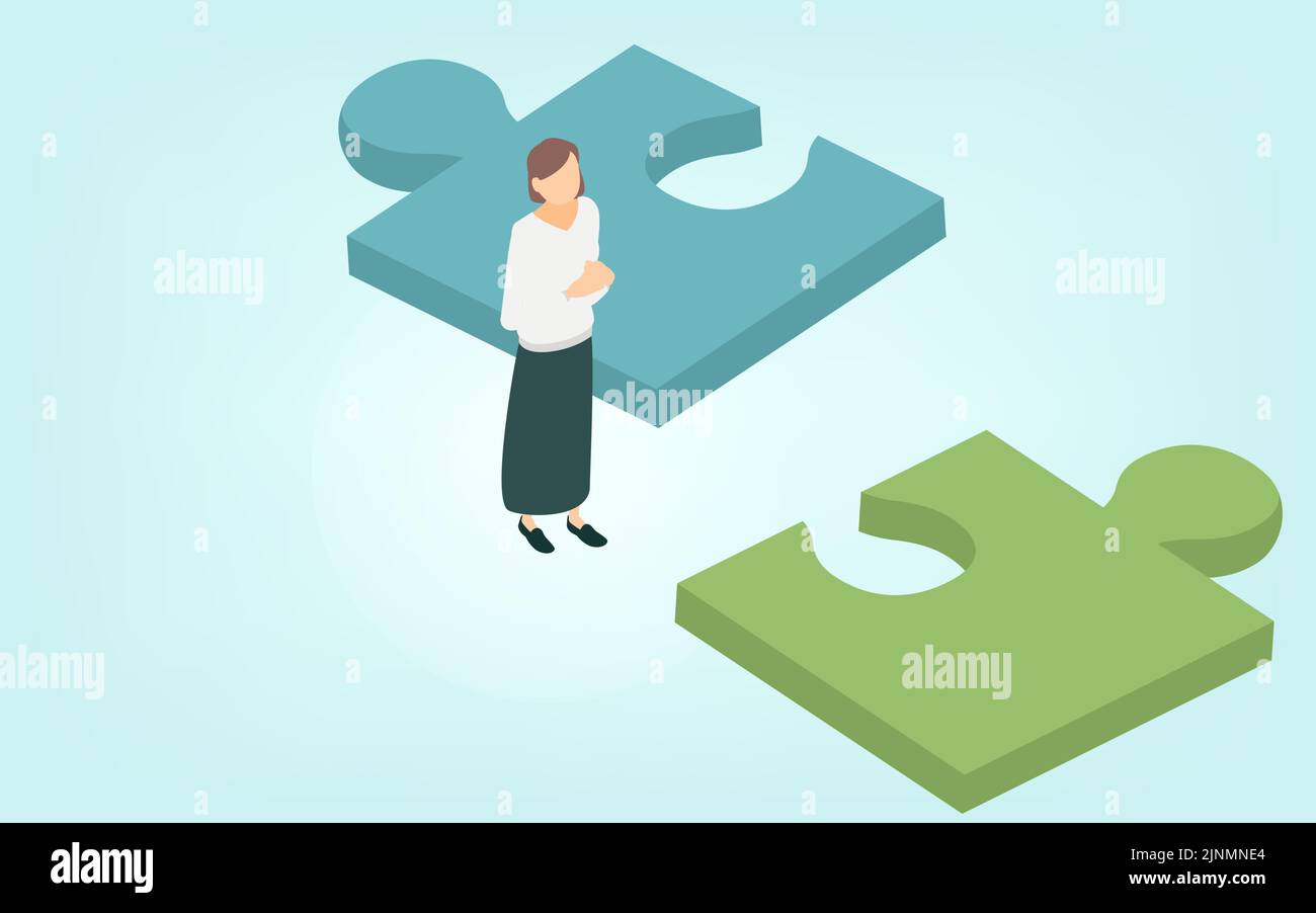 Jigsaw puzzles and women, problemsolving images, isometric Stock