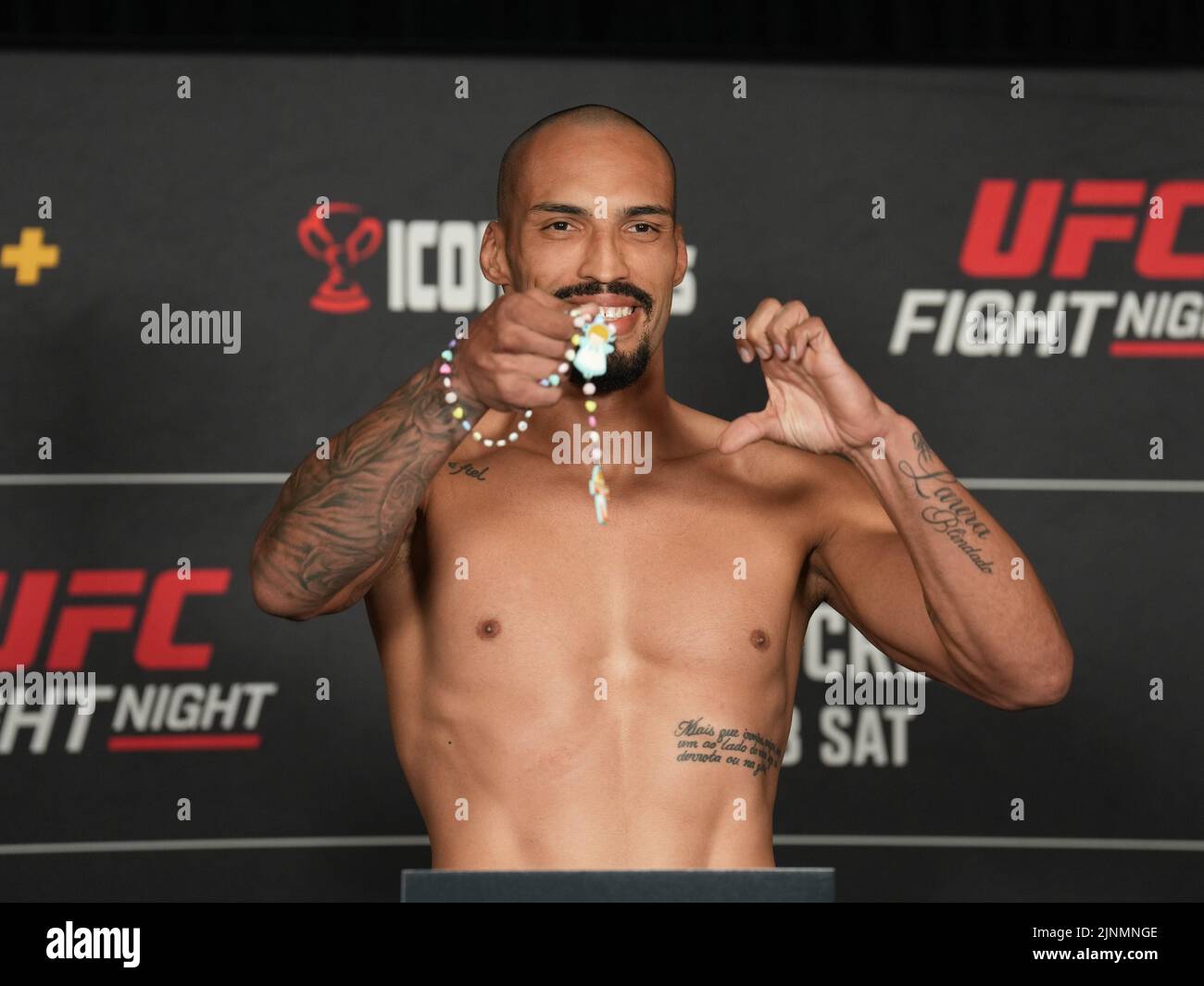 San Diego, USA. 12th Aug, 2022. SAN DIEGO, CA - August 12: Bruno Silva  steps on the scale for the official weigh-in at the Sheraton San Diego Hotel & Marina for UFC Fight Night - Vera vs Cruz : Official Weigh-in on August 12, 2022 in SAN DIEGO, United States. (Photo by Louis Grasse/PxImages) Credit: Px Images/Alamy Live News Stock Photo