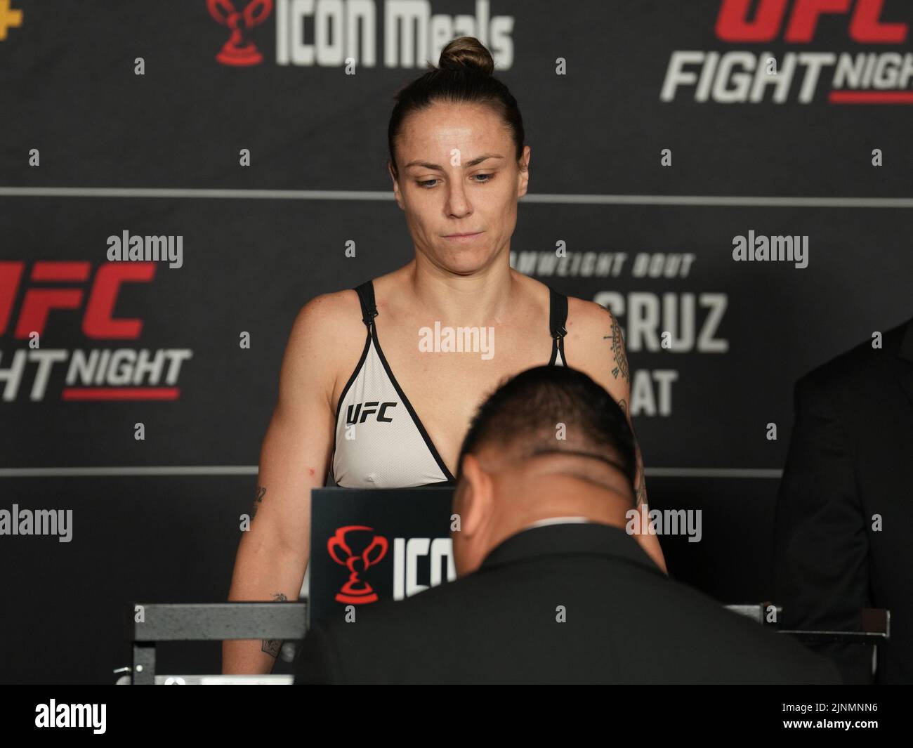 San Diego, USA. 12th Aug, 2022. SAN DIEGO, CA - August 12: Nina Nunes  steps on the scale for the official weigh-in at the Sheraton San Diego Hotel & Marina for UFC Fight Night - Vera vs Cruz : Official Weigh-in on August 12, 2022 in SAN DIEGO, United States. (Photo by Louis Grasse/PxImages) Credit: Px Images/Alamy Live News Stock Photo