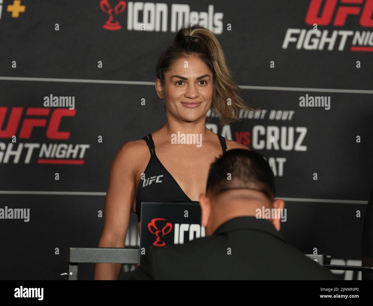 San Diego, USA. 12th Aug, 2022. SAN DIEGO, CA - August 12: Cynthia Calvillo  steps on the scale for the official weigh-in at the Sheraton San Diego Hotel & Marina for UFC Fight Night - Vera vs Cruz : Official Weigh-in on August 12, 2022 in SAN DIEGO, United States. (Photo by Louis Grasse/PxImages) Credit: Px Images/Alamy Live News Stock Photo