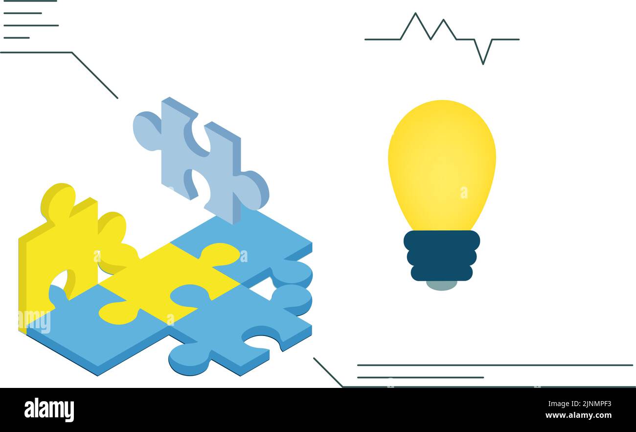 Jigsaw puzzles and light bulbs, problemsolving images, isometric Stock