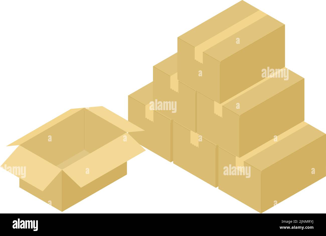 Isometric illustrations of high-stacked cardboard and open-mouthed cardboard Stock Vector