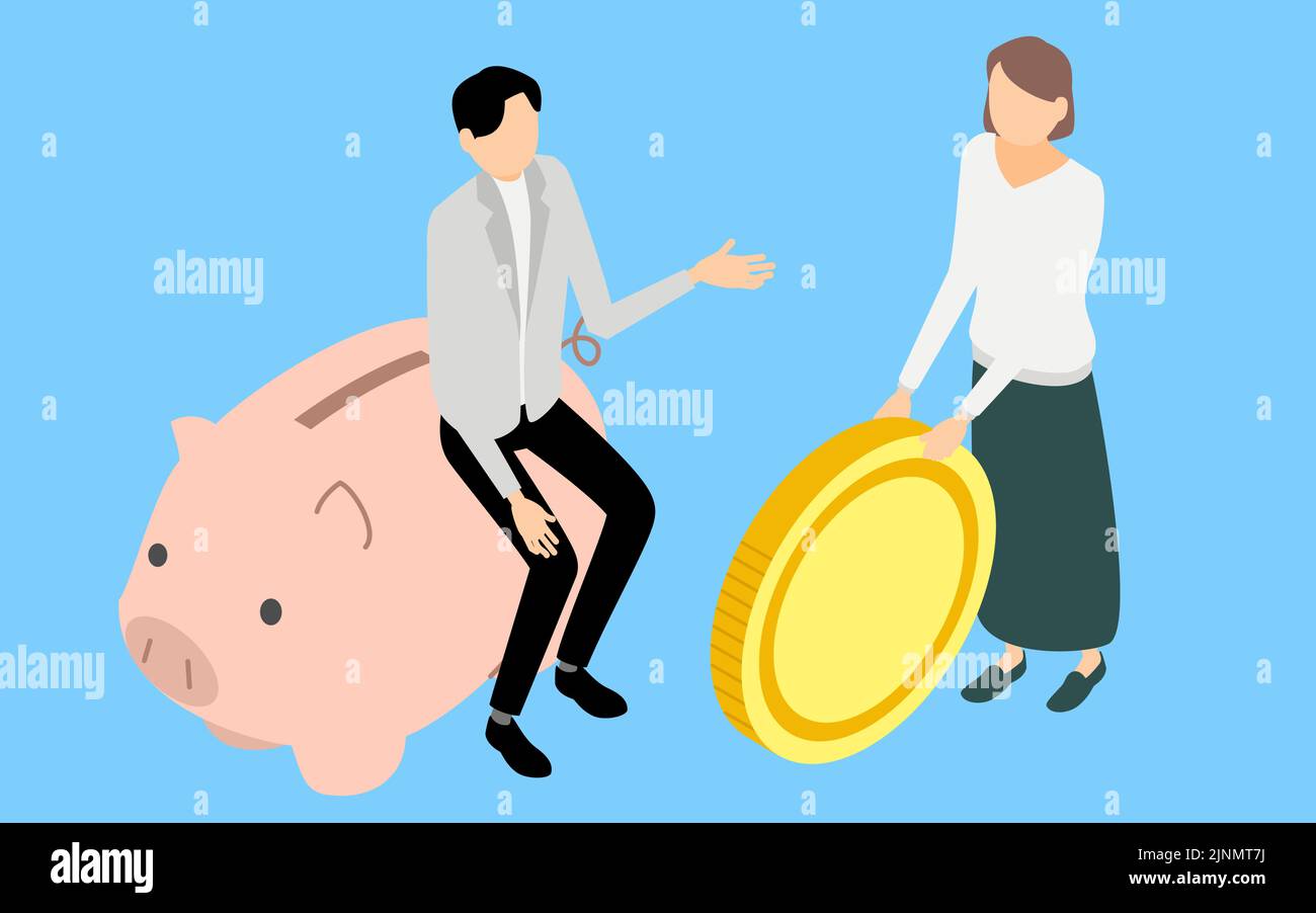 Image of savings, men and women talking to piggy banks, isometric Stock Vector