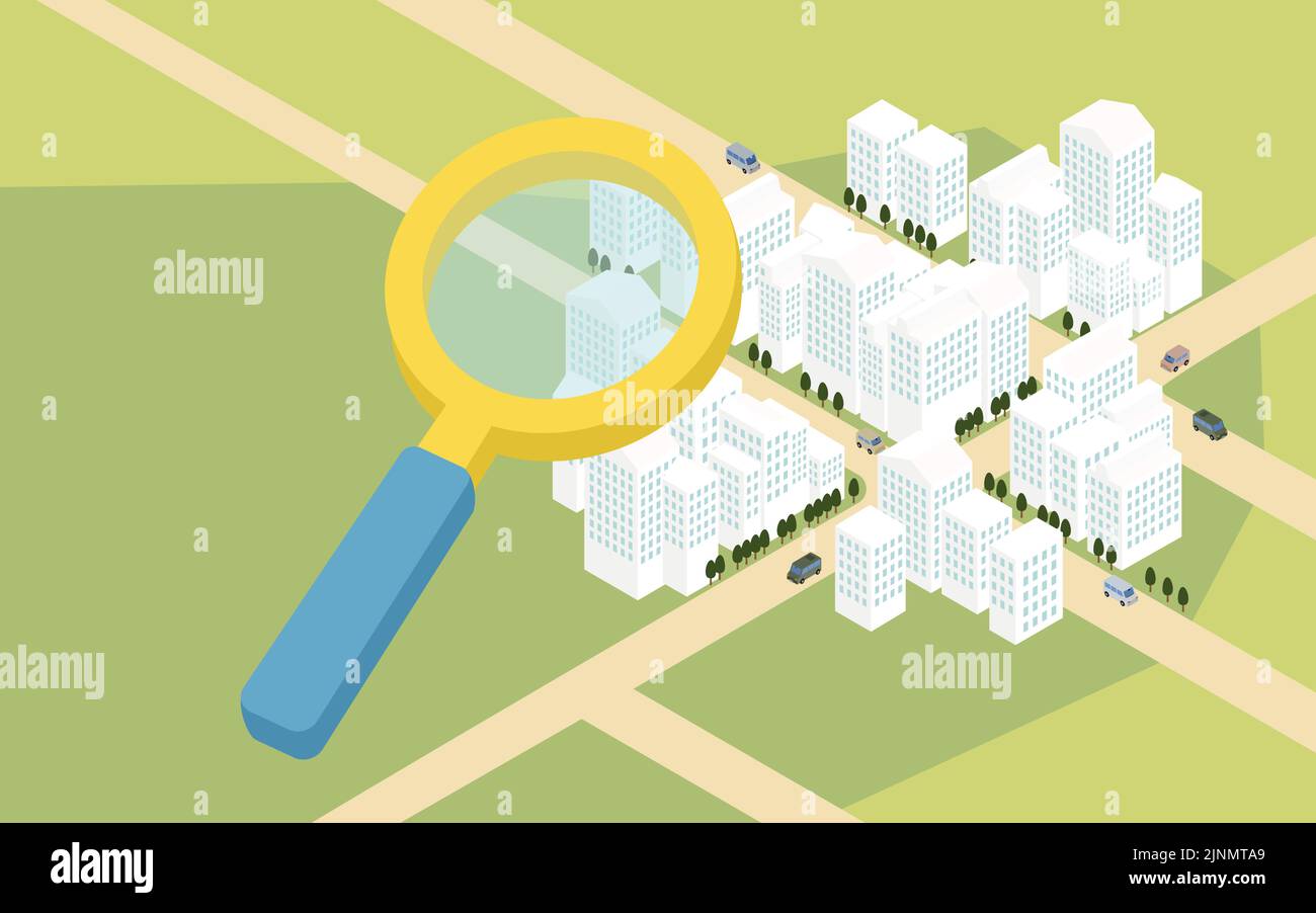 Image of property search, isometric illustration of building street from a bird's-eye view Stock Vector