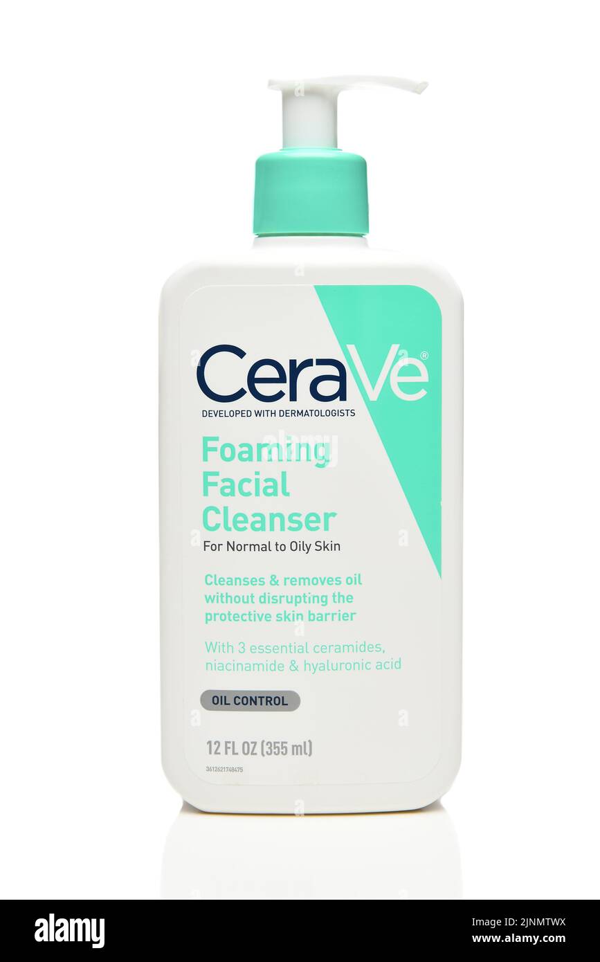 IRVINE, CALIFORNIA - 12 AUG 2022: a 12 ounce bottle of CeraVe Foaming Facial Cleanser, for Normal to Oily Skin. Stock Photo