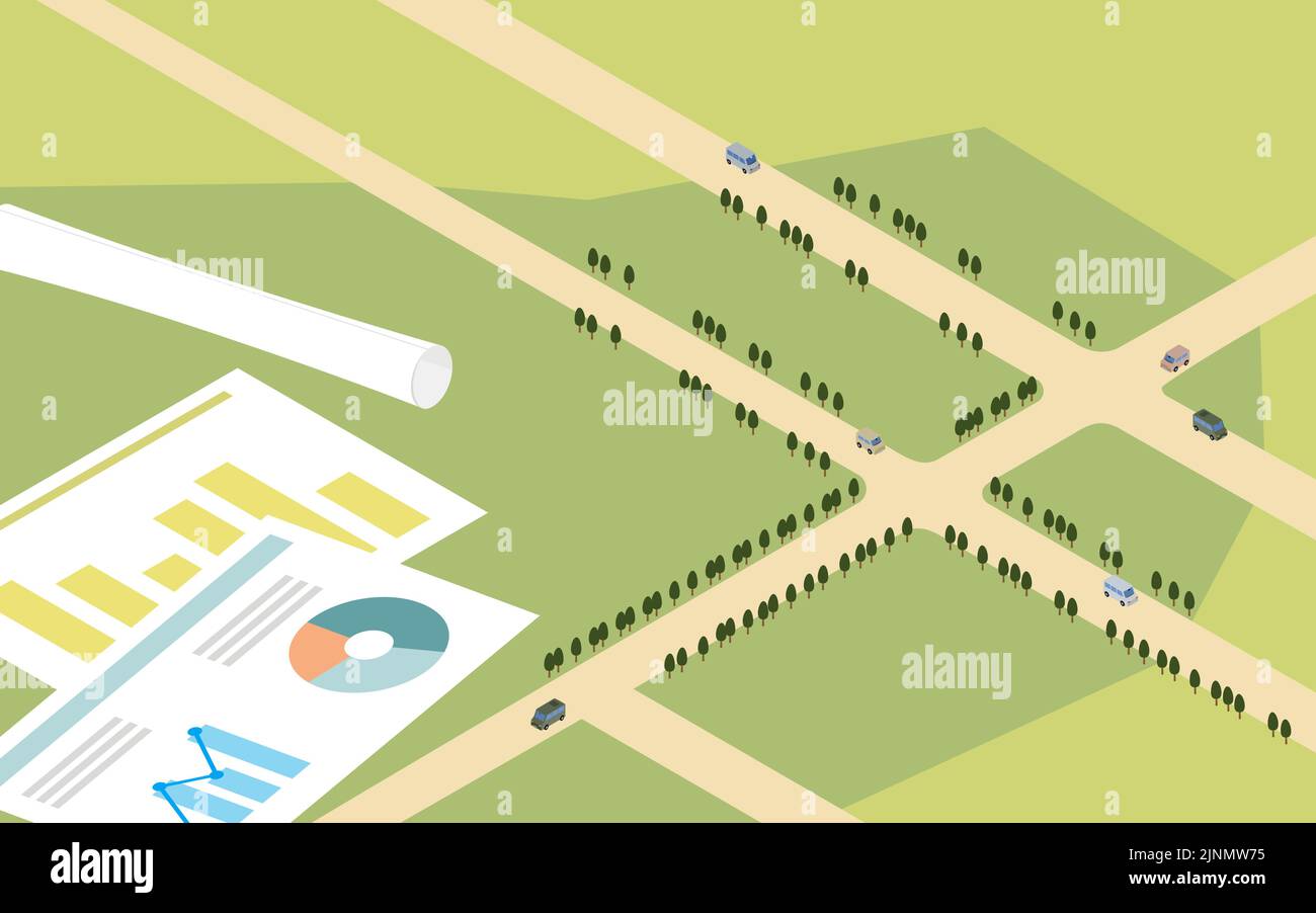Image of urban development, isometric illustration of planned development area from a bird's-eye view Stock Vector