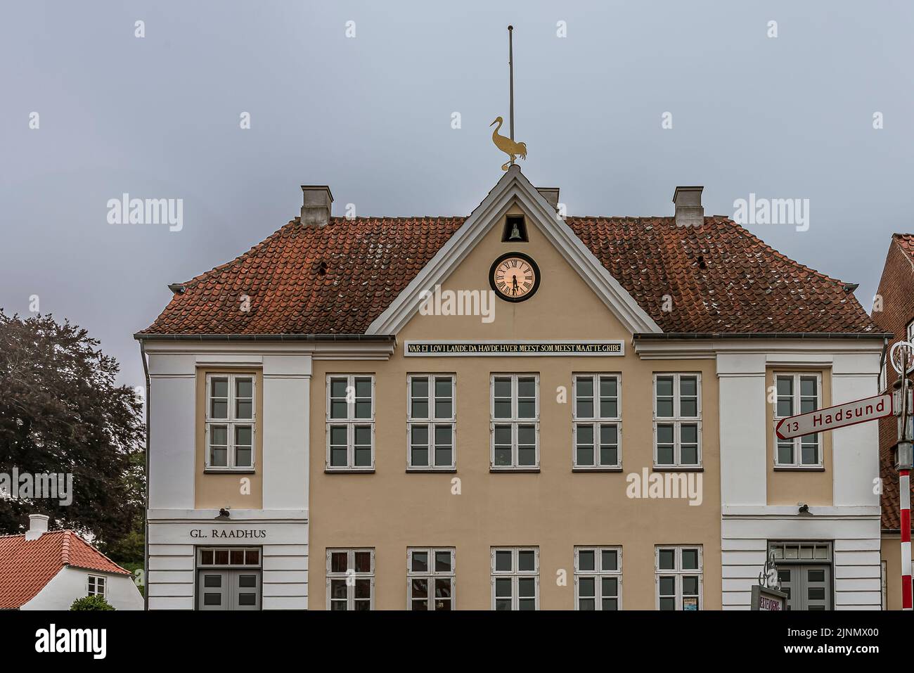 the old town hall  in the dusk evening light, Mariager, Denmark, August 7, 2022 Stock Photo
