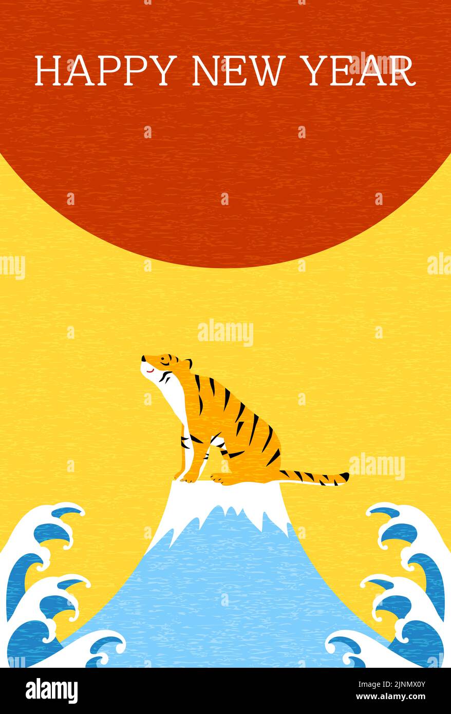 2022 New Year's card, Tiger year, Tiger and waves sitting at the top of Mt. Fuji with the first sunrise in the background -Translation: Thank you agai Stock Vector
