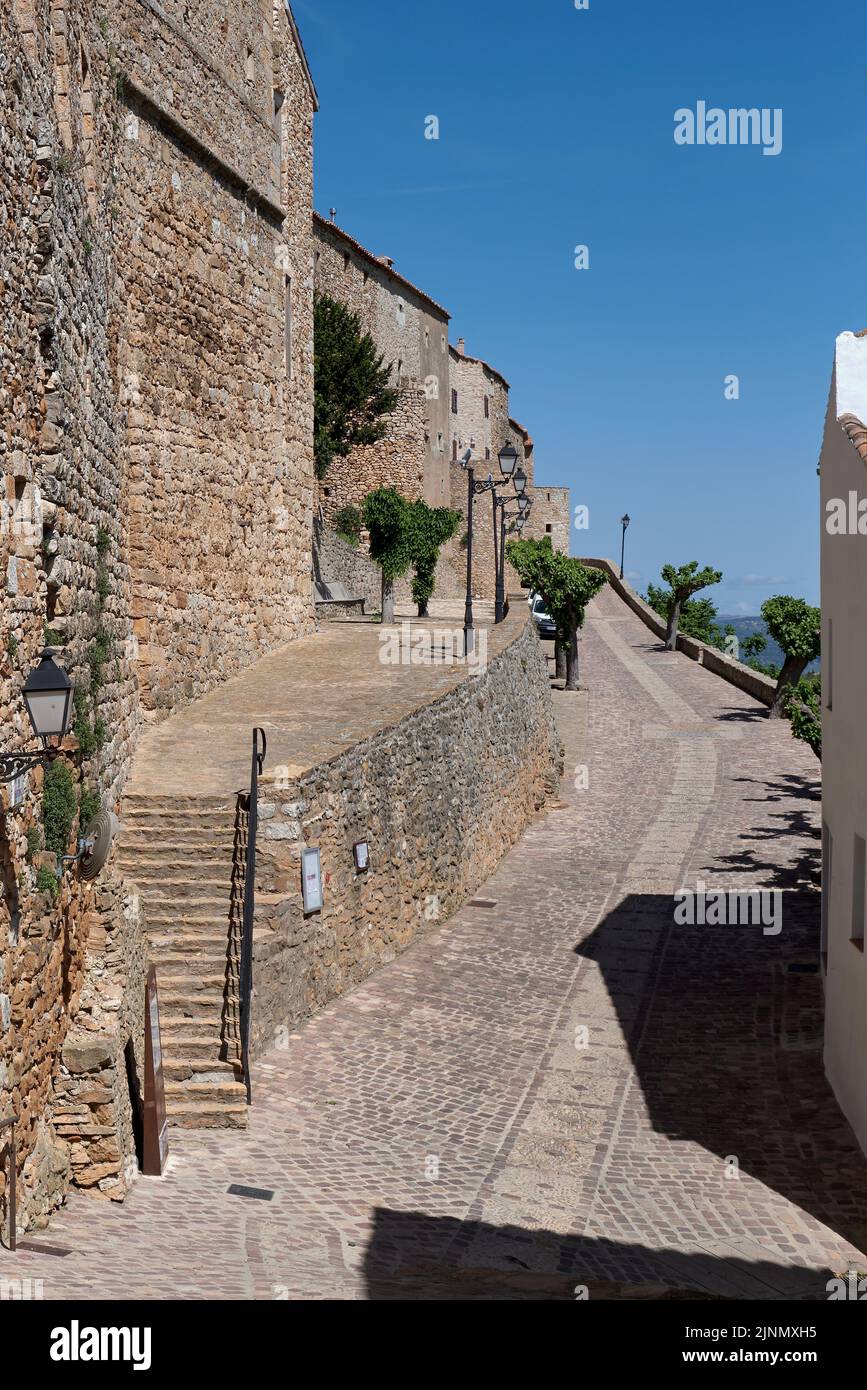 Cobbled pedestrian street to go up to the castle of the town of Culla, declared the most beautiful in Spain, Castellon, Spain, Europe Stock Photo