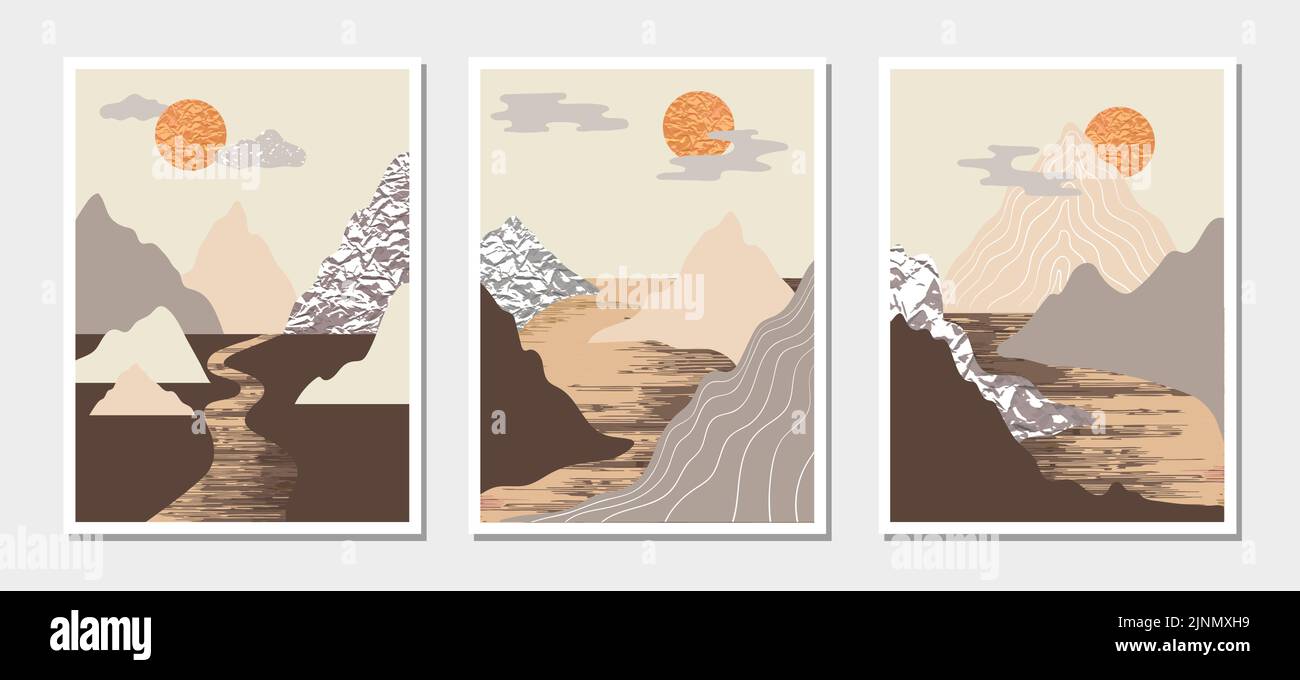 Mountain landscapes. Wall art minimal design vector set. Collection of