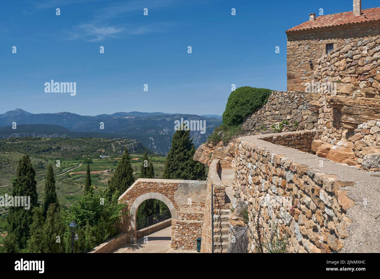 General panoramic view of Culla and the hermitage of San Cristobal de Benasal in the background. Most beautiful town in Spain, Castellon Stock Photo