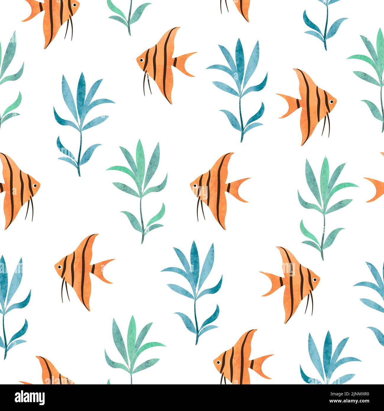 Seamless watercolor Fish pattern. Underwater background. Hand drawn seaweeds and angelfish Stock Vector