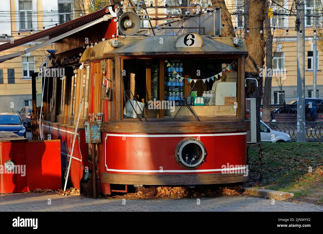 Cafe of vintage tram in city park in Kyiv Ukraine Stock Photo