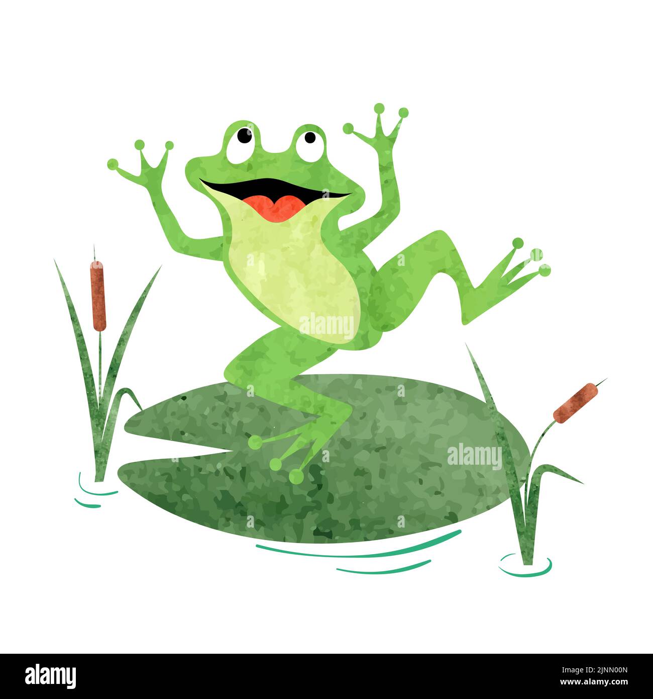 Cartoon Frog on lily pad. Vector watercolor illustration. Stock Vector