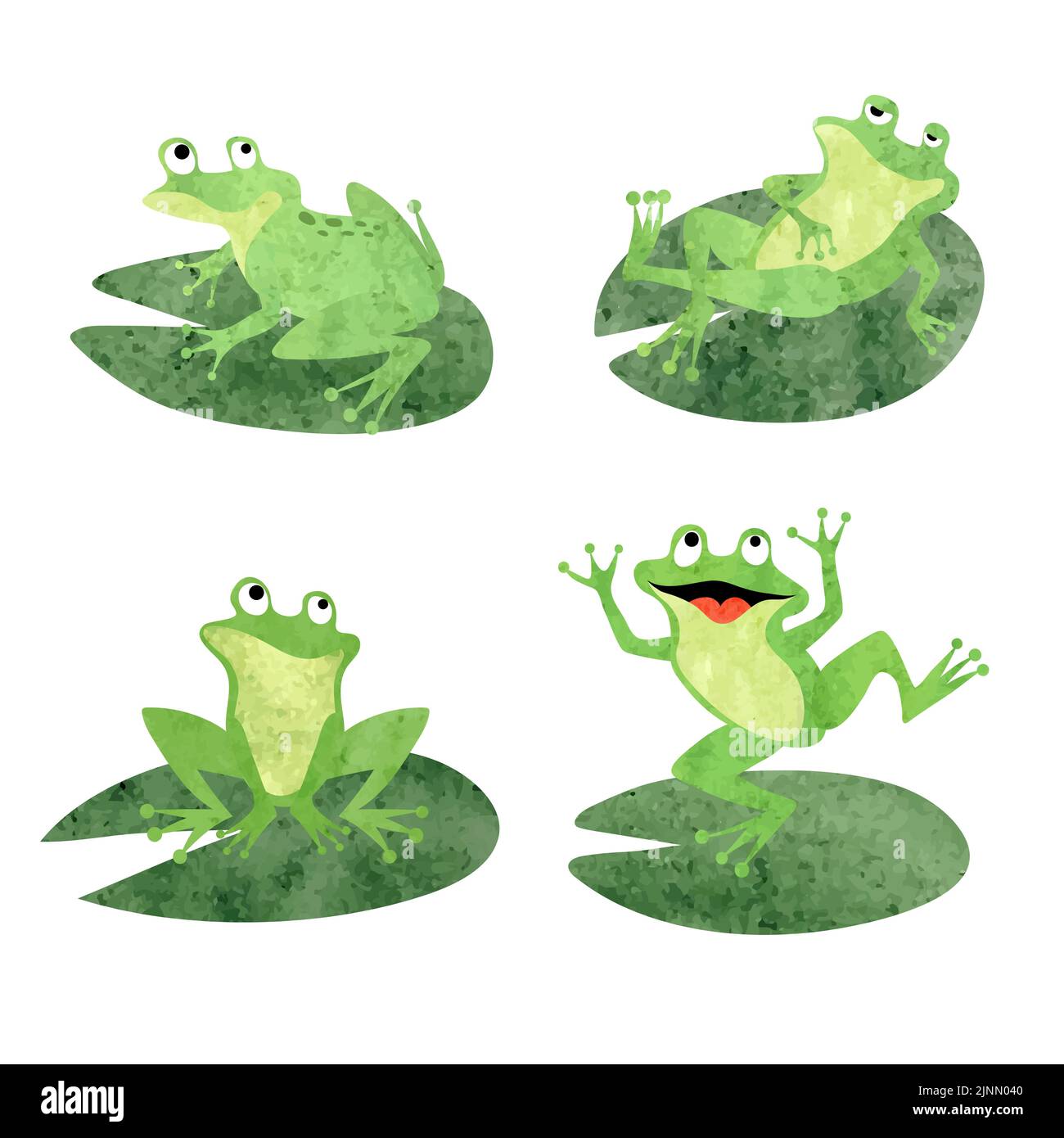 Cartoon frogs sitting on lily pads. Vector watercolor green toads
