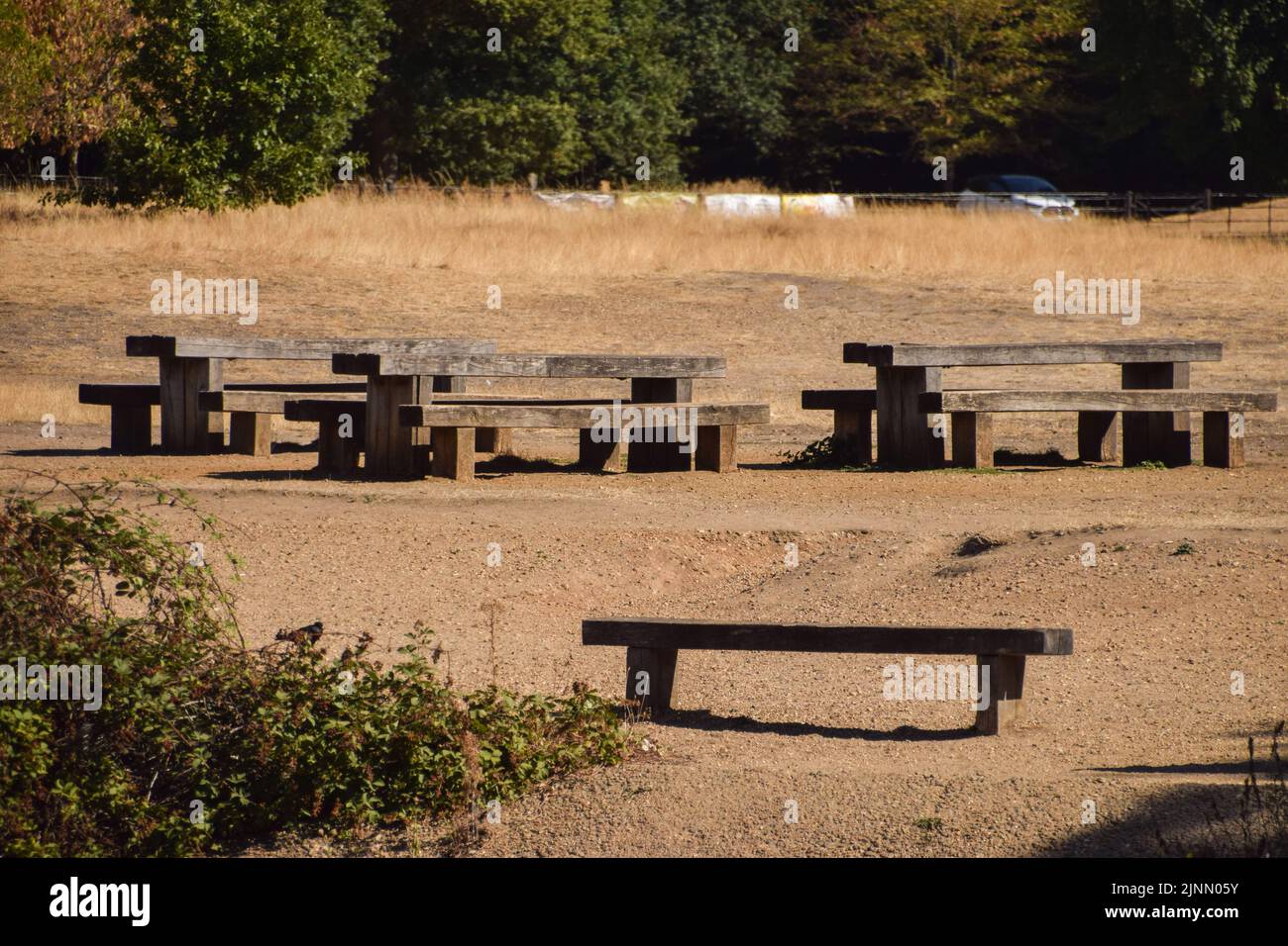 Empty picnic tables sit in the scorching sun in Wanstead Park in north-east London, as a drought is declared in parts of England. Persistent heatwaves resulting from human-induced climate change have affected much of London, with wildfires and droughts seen across the capital. Stock Photo
