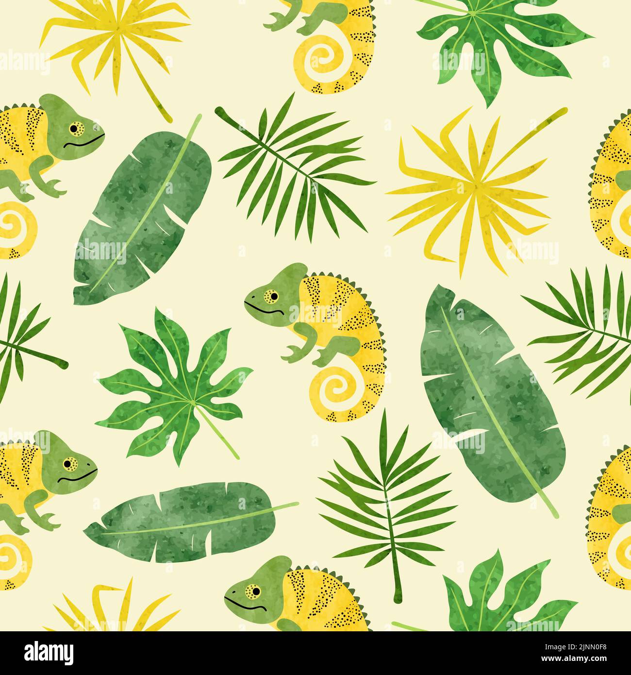 Seamless watercolor pattern with chameleons and tropical leaves. Stock Vector