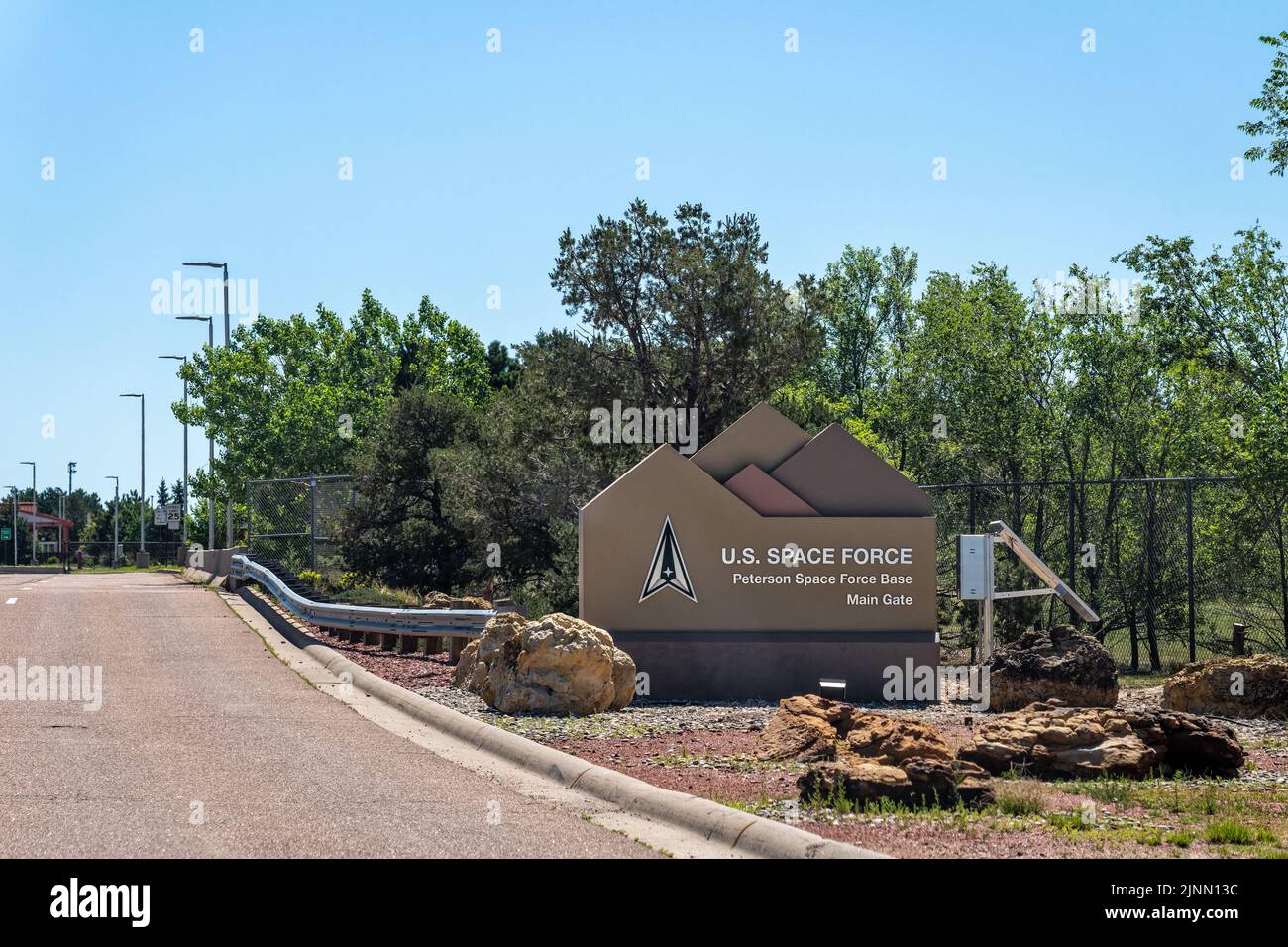 Colorado Springs, CO - July 8, 2022:U.S. Space Force Peterson Space Force Base Main Gate sign Stock Photo