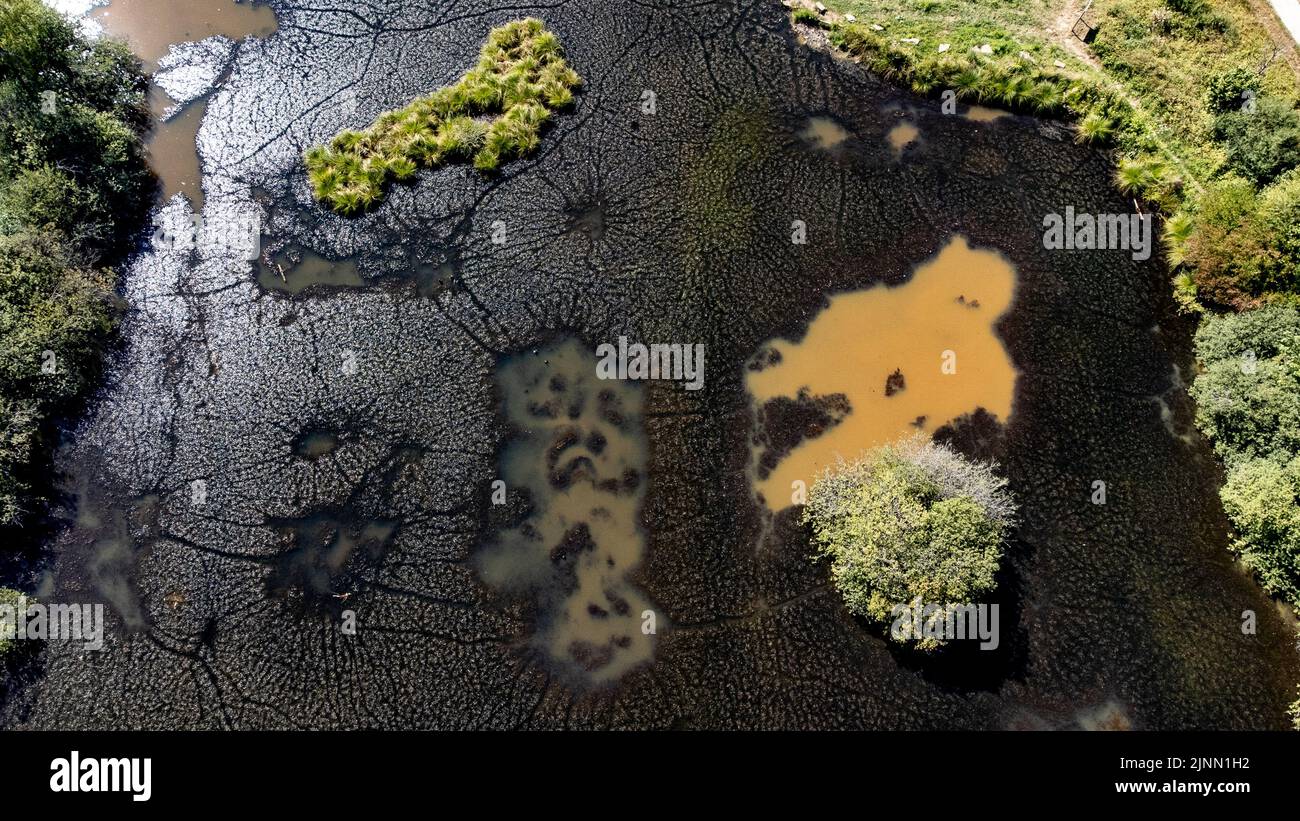 Belgium. 12th Aug, 2022. Aerial drone picture shows Illustration picture shows the 'L'Etang de l'Ile' in Virton Luxembourg province, Belgium, on Friday 12 August 2022. Severe droughts are effecting Europe since the beginning of the year. Weather forecast services announced an 8 to 10 day long heat wave. BELGA PHOTO BRUNO FAHY Credit: Belga News Agency/Alamy Live News Stock Photo
