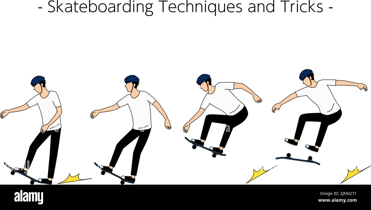 Basic skateboarding techniques and tricks Tail brake, manual, ollie, flip Stock Vector