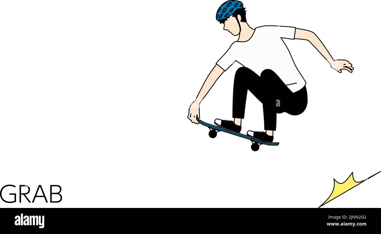 Skateboarding grabtype trick, a man grabbing the deck with his hands