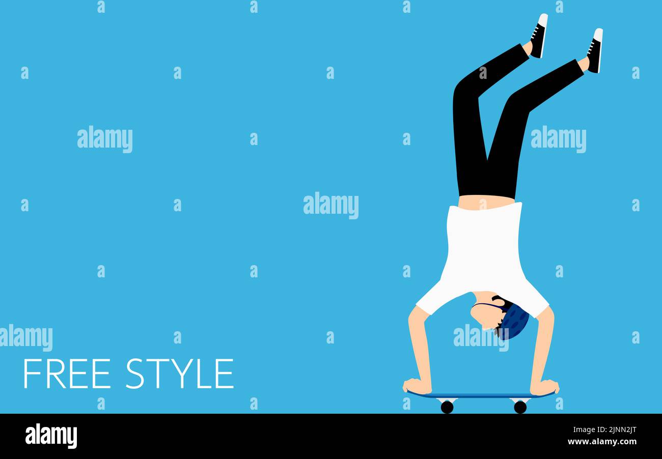 Skateboarding freestyle trick, man doing a handstand. Stock Vector