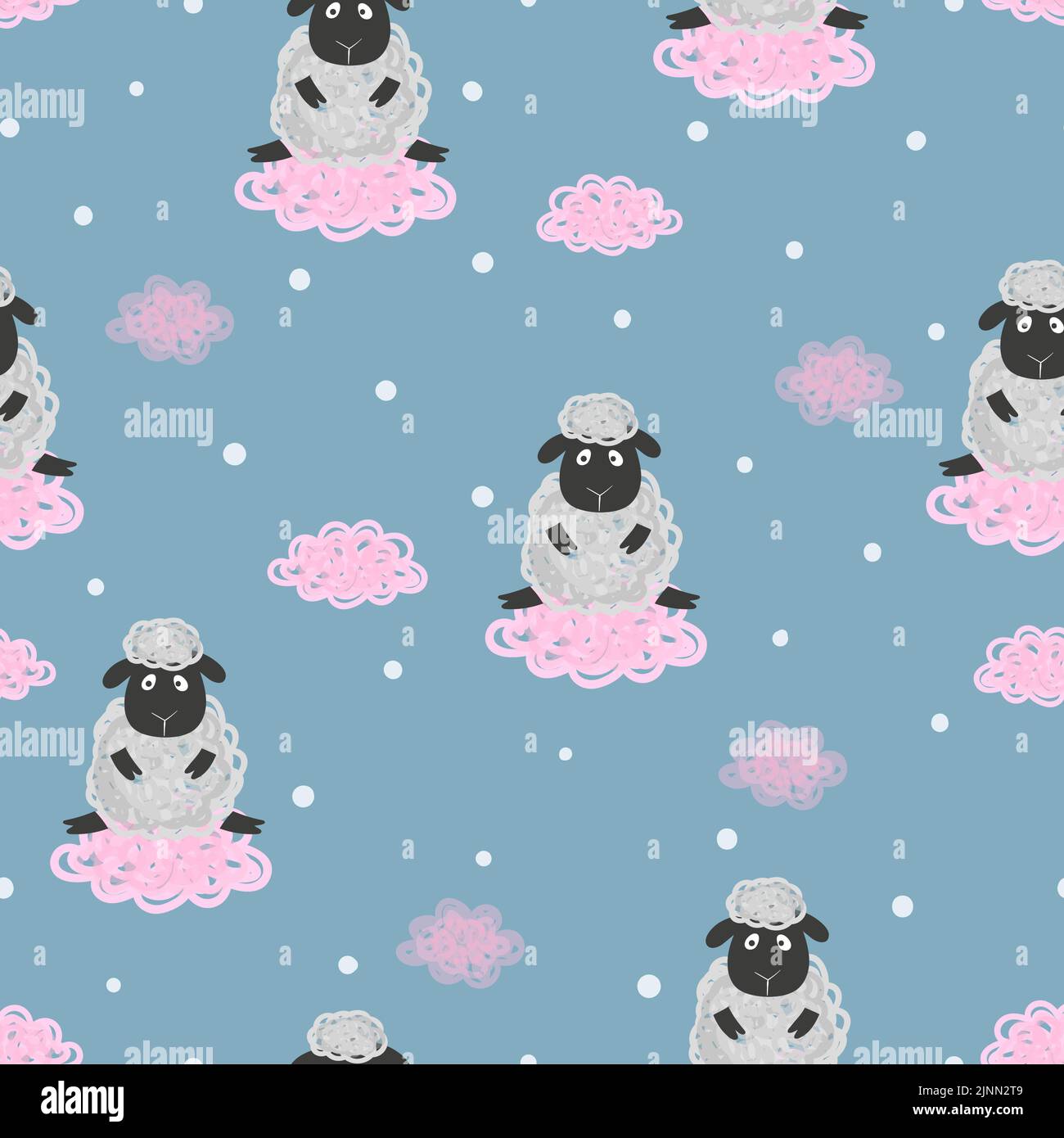 Seamless pattern with cute sheep and clouds. Vector childish background. Stock Vector