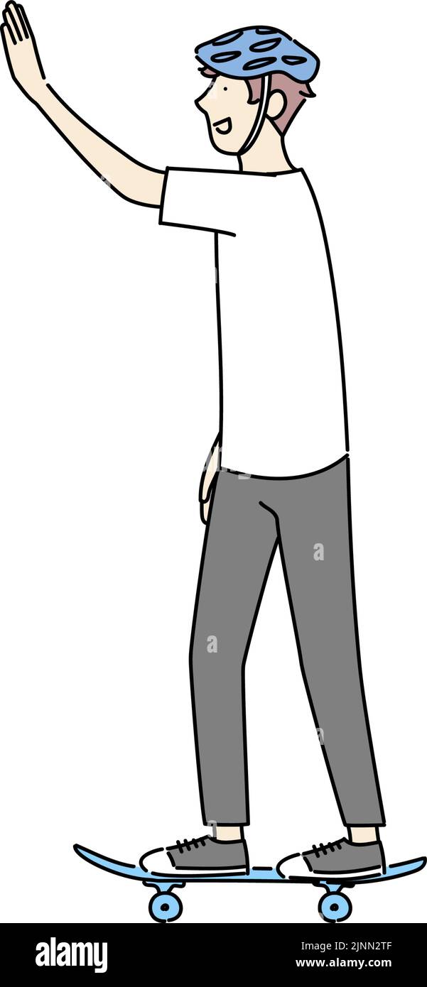 A man raises his arms in greeting while riding a skateboard. Stock Vector