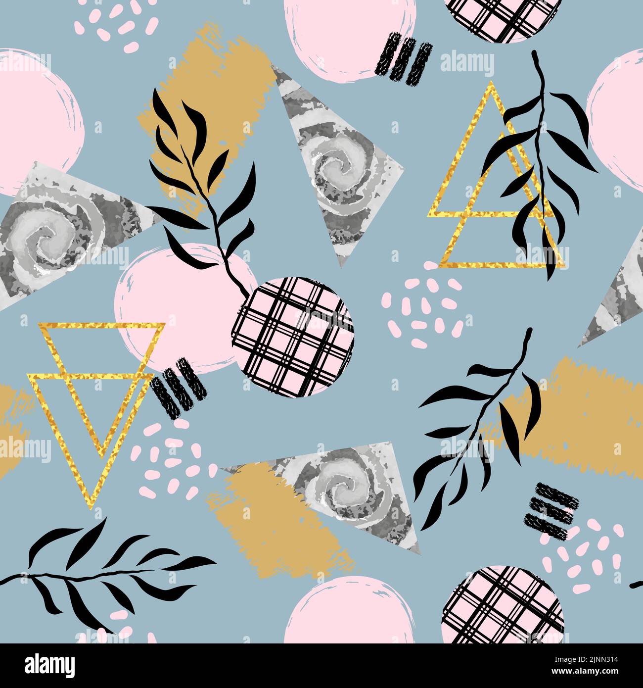 Abstract trendy background. Seamless pattern with plants and geometrical shapes. Stock Vector