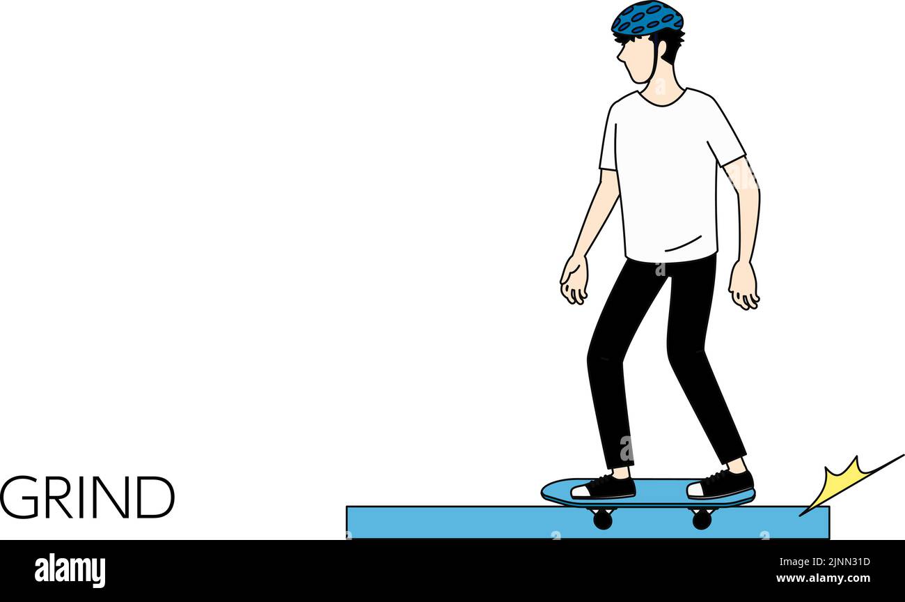 Skateboarding grind-type trick, man sliding down a curb Stock Vector