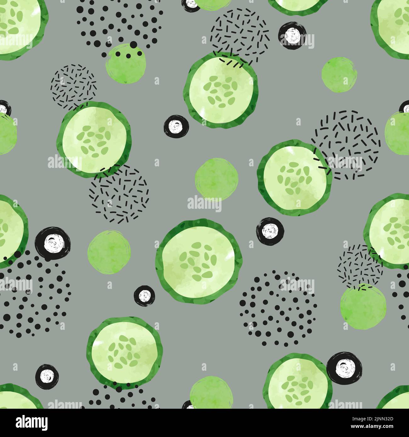 Seamless abstract pattern with cucumber slices. Vector watercolor vegetable background Stock Vector