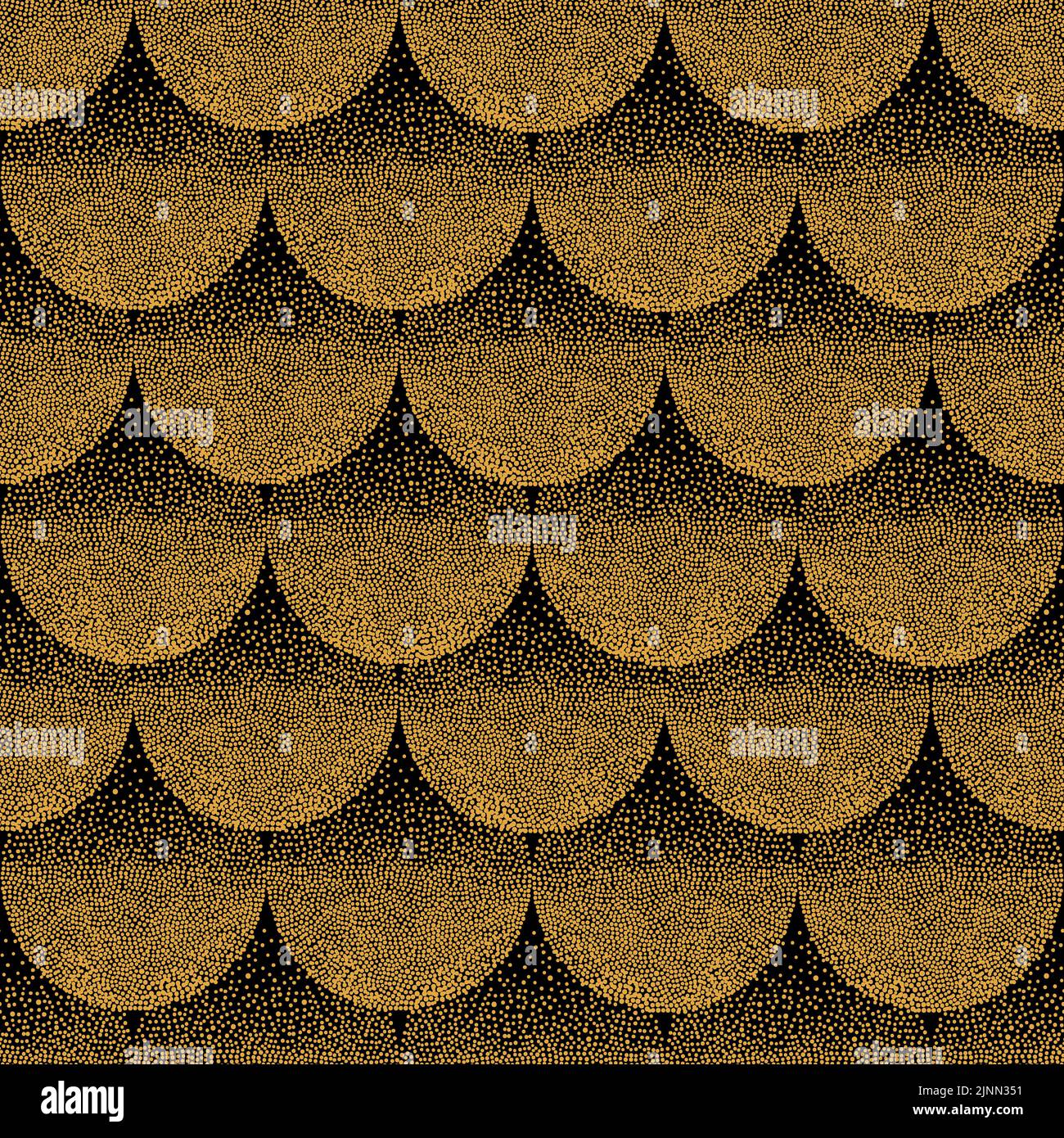 Seamless abstract wavy pattern with geometrical fish scale. Golden circles on dark black background. Wallpaper, textile, fabric design Stock Vector