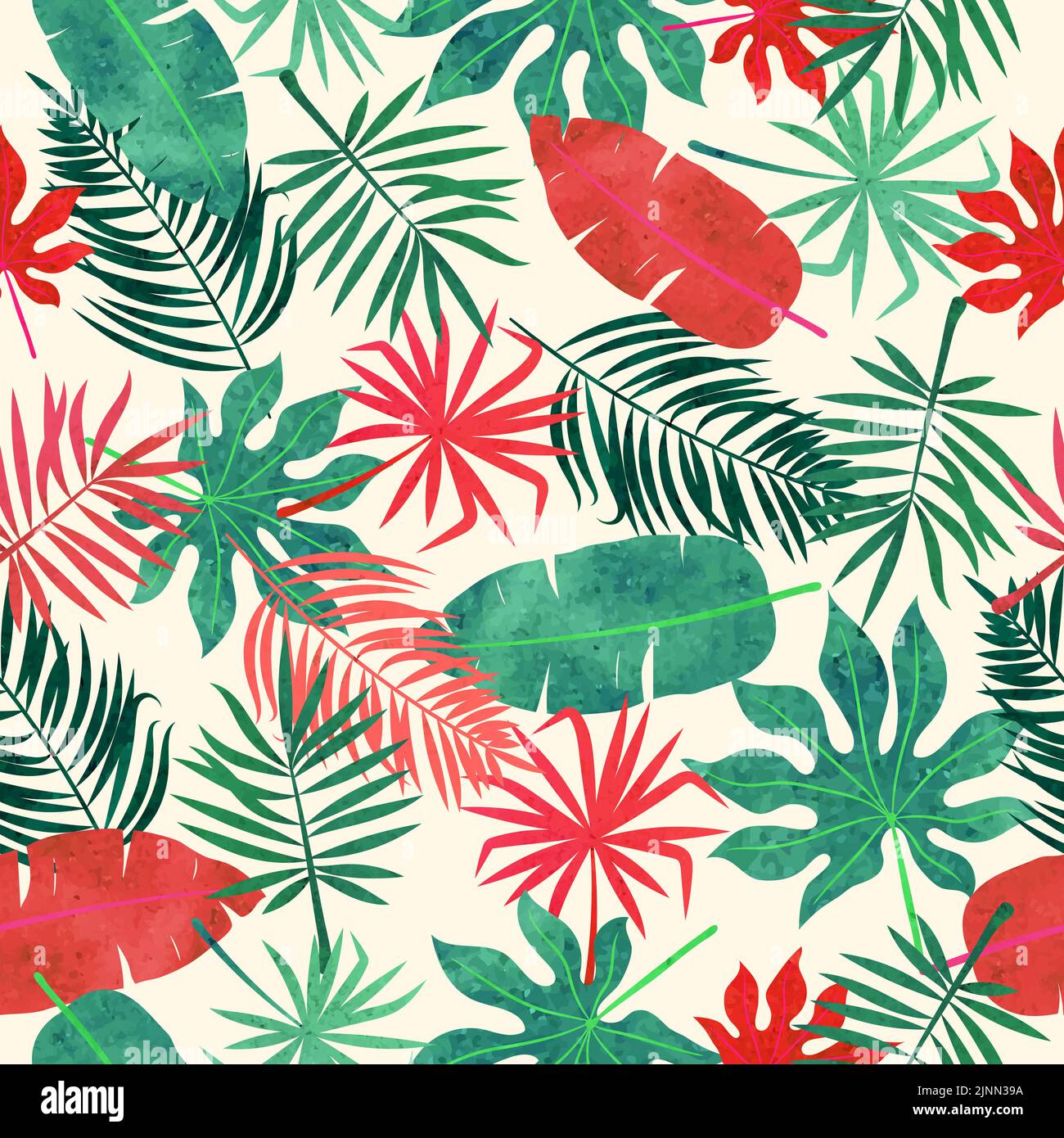 Tropical leaves pattern. Seamless vector red and green watercolor ...