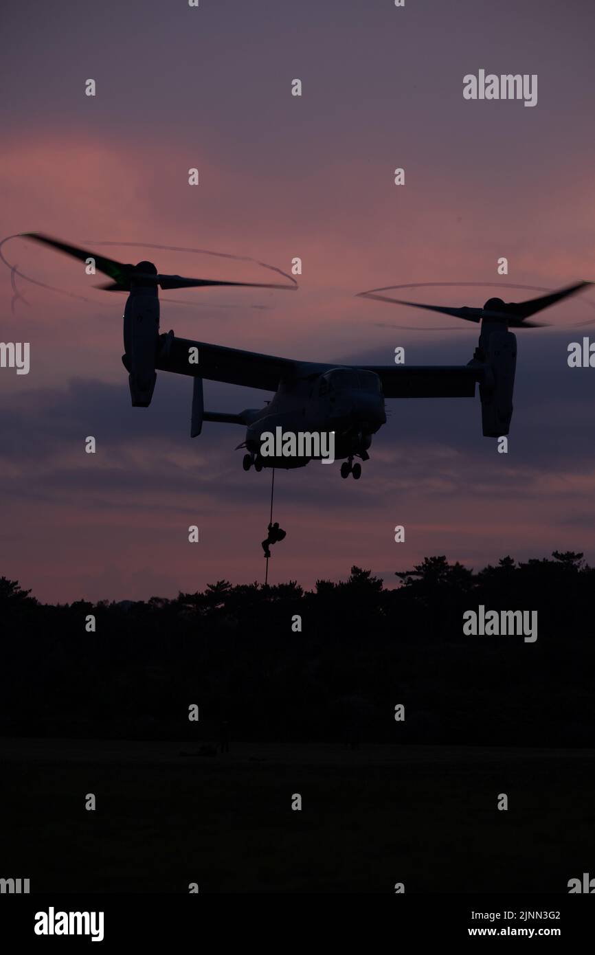 U.S. Marines with Marine Wing Support Squadron (MWSS) 171 fast rope out of an MV-22B Osprey assigned to Marine Medium Tiltrotor Squadron (VMM) 265 during a Fast Rope Masters Course (FRMC) at Landing Zone Sterling, Okinawa, Japan, July 26, 2022. Fast roping allows Marines to enter landing zones that are too dangerous for helicopters to safely land. Fast Rope and Helicopter Rope Suspension Training teaches Marines proper knots and rappelling techniques, and builds confidence for maneuvering from air to ground. (U.S. Marine Corps photo by Pfc. Justin J. Marty) Stock Photo