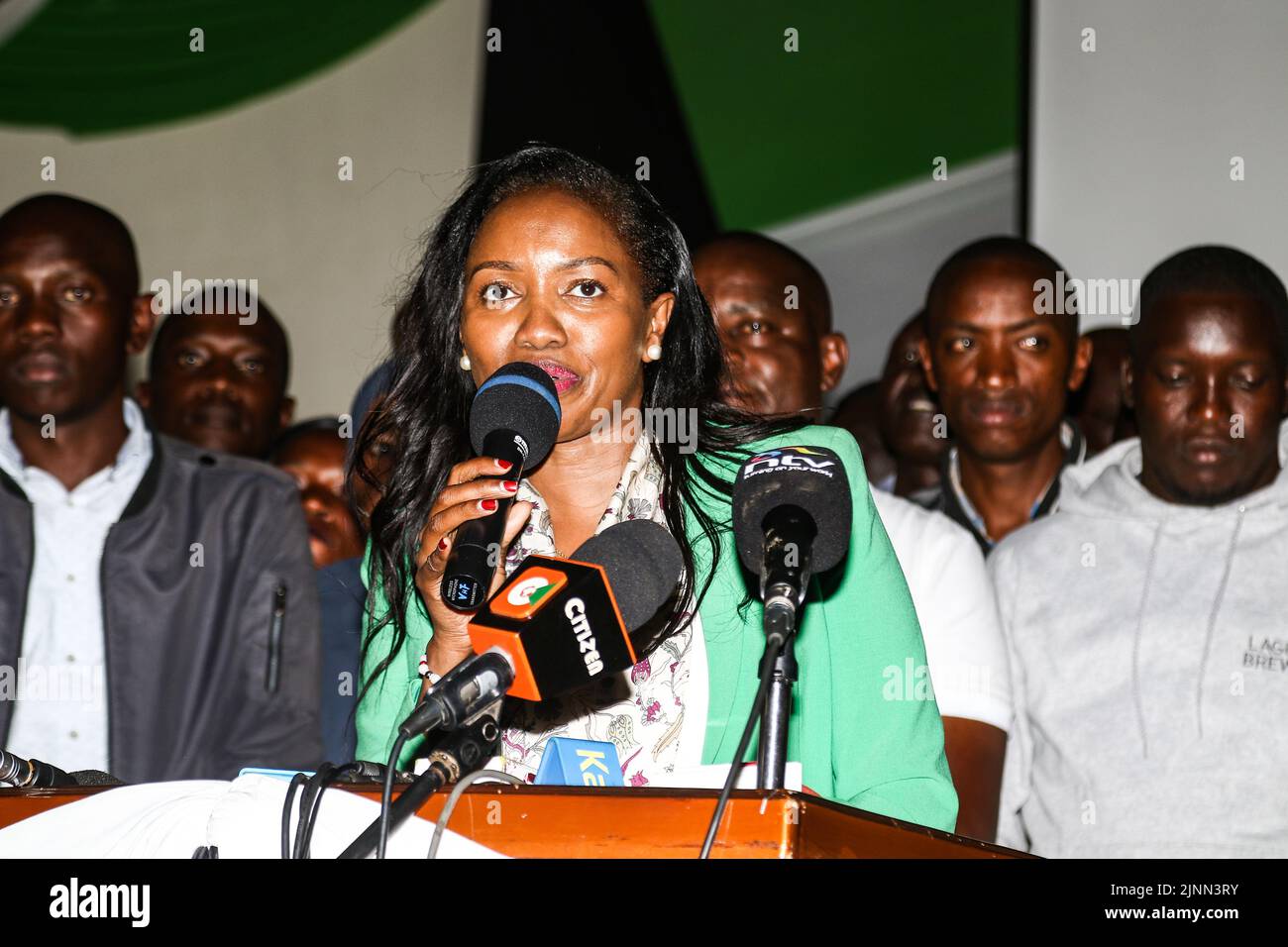 Susan Kihika, speaks moments after she was declared Nakuru County Governor elect. Kenyans are waiting for the tallying of presidential votes to be completed to know their next president with the race between Raila Odinga and William Ruto being very close. Stock Photo