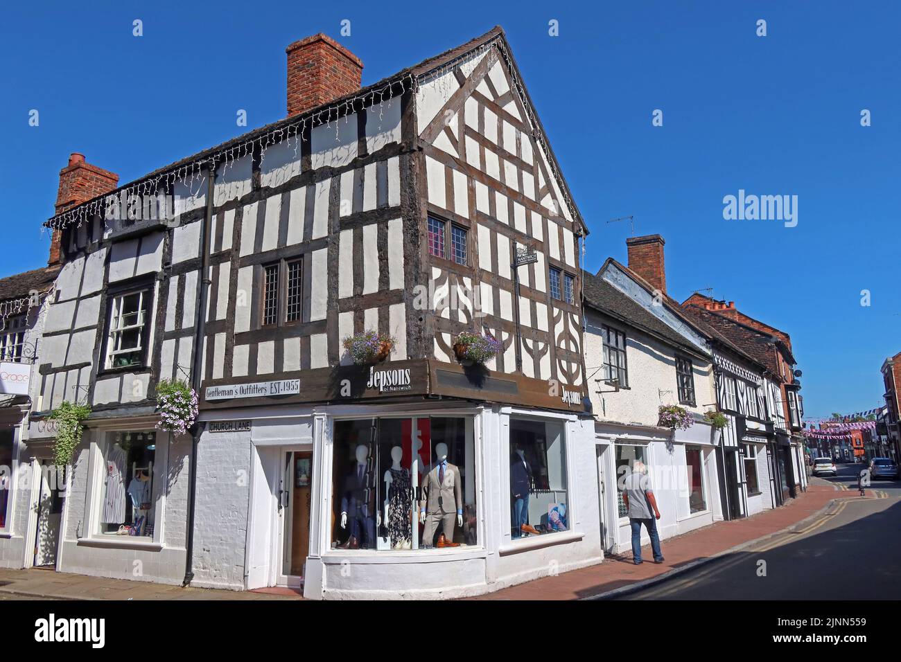 Traditional Tudor timber-framed building, Jepsons clothing store, Jepsons of Nantwich , 9-13 Hospital St, Nantwich, Cheshire, England, UK,  CW5 5RL Stock Photo