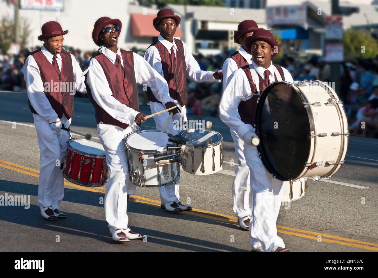 Drum squad performs at Korean Festival in Los Angeles, California Stock Photo