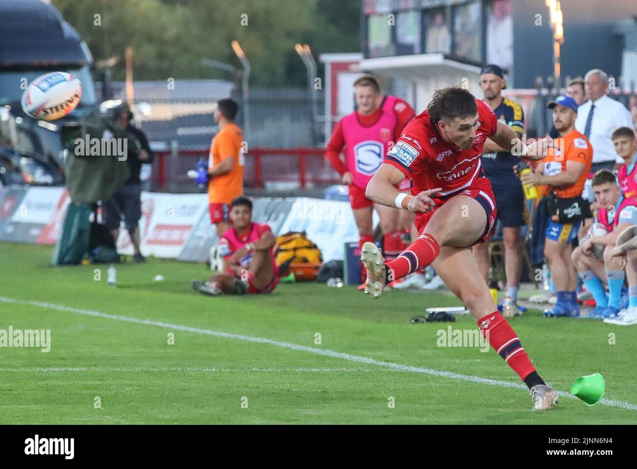 Sam Wood 24 of Hull KR kicks the conversion kick Stock Photo Alamy