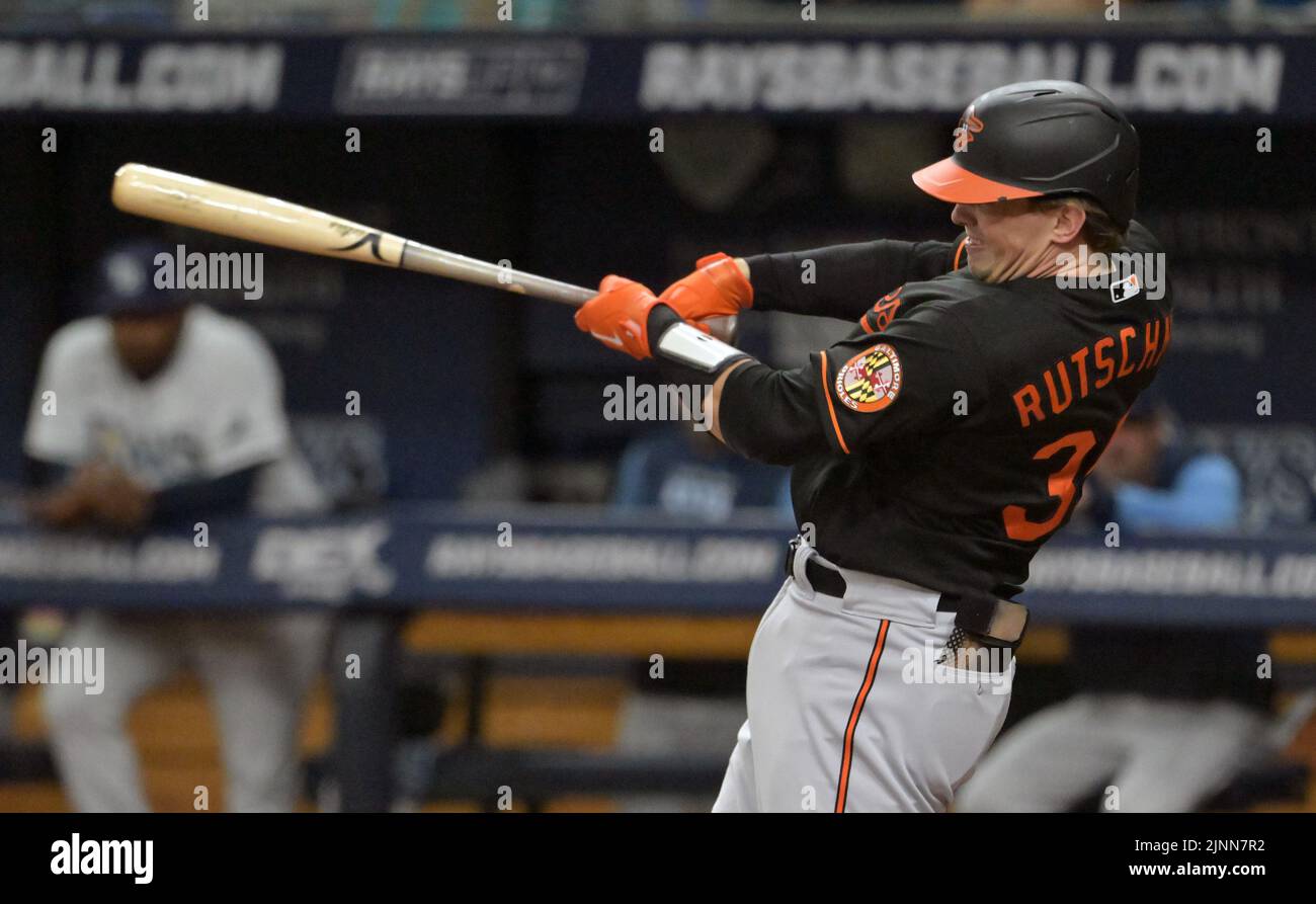St Petersburg, USA. 12th Aug, 2022. Baltimore Orioles' Adley Rutschman hits a solo home run off Tampa Bay Rays starter Corey Kluber during the first inning at Tropicana Field in St. Petersburg, Florida on Friday, Aug. 12, 2022. Photo by Steve Nesius/UPI Credit: UPI/Alamy Live News Stock Photo