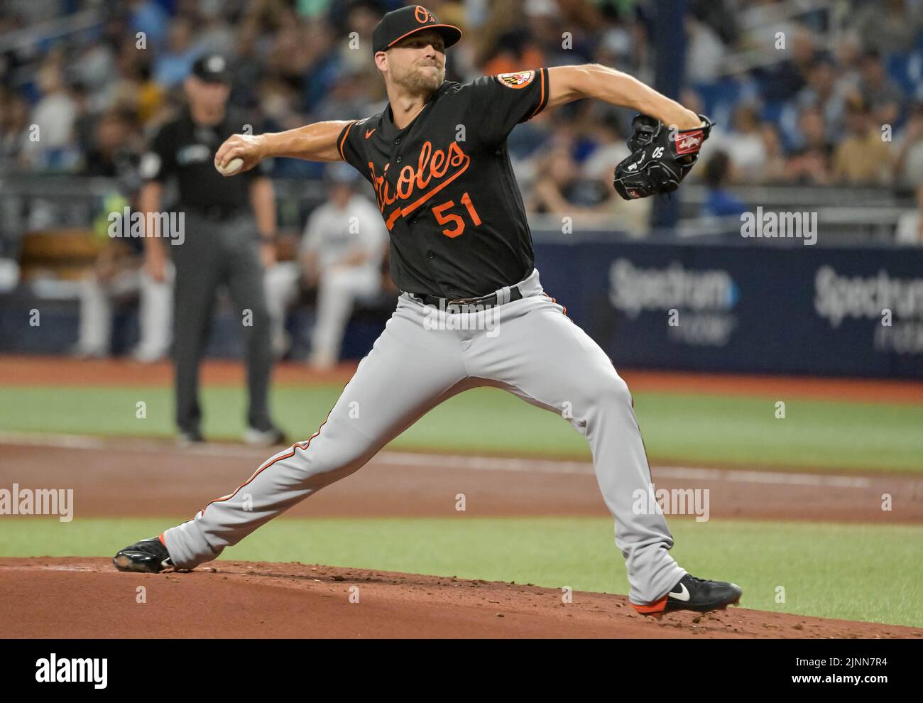 St Petersburg, USA. 12th Aug, 2022. Baltimore Orioles starter Austin Voth pitches against the Tampa Bay Rays during the first inning at Tropicana Field in St. Petersburg, Florida on Friday, Aug. 12, 2022. Photo by Steve Nesius/UPI Credit: UPI/Alamy Live News Stock Photo