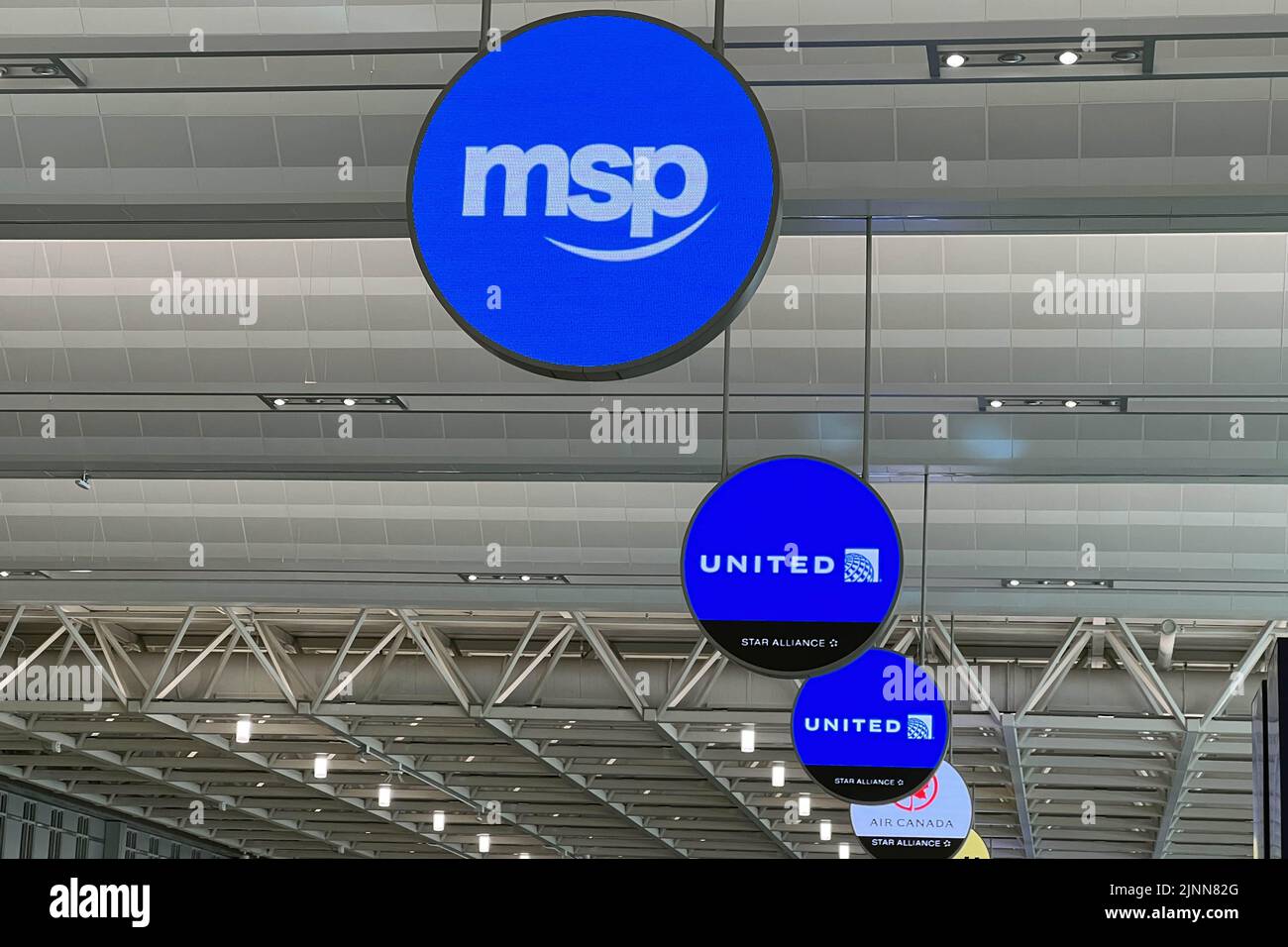 Minneapolis, USA. 12th Aug, 2022. A United Airlines logo is seen in Terminal 1 at the