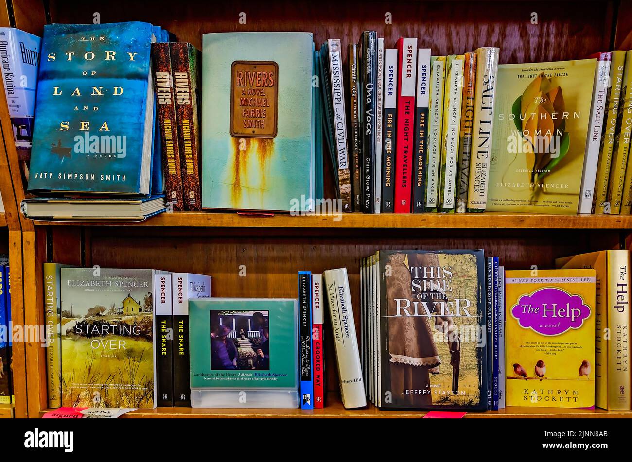 Books by Mississippi authors fill the shelves at Square Books, May 31, 2015, in Oxford, Mississippi. The family-owned bookstore was founded in 1979. Stock Photo