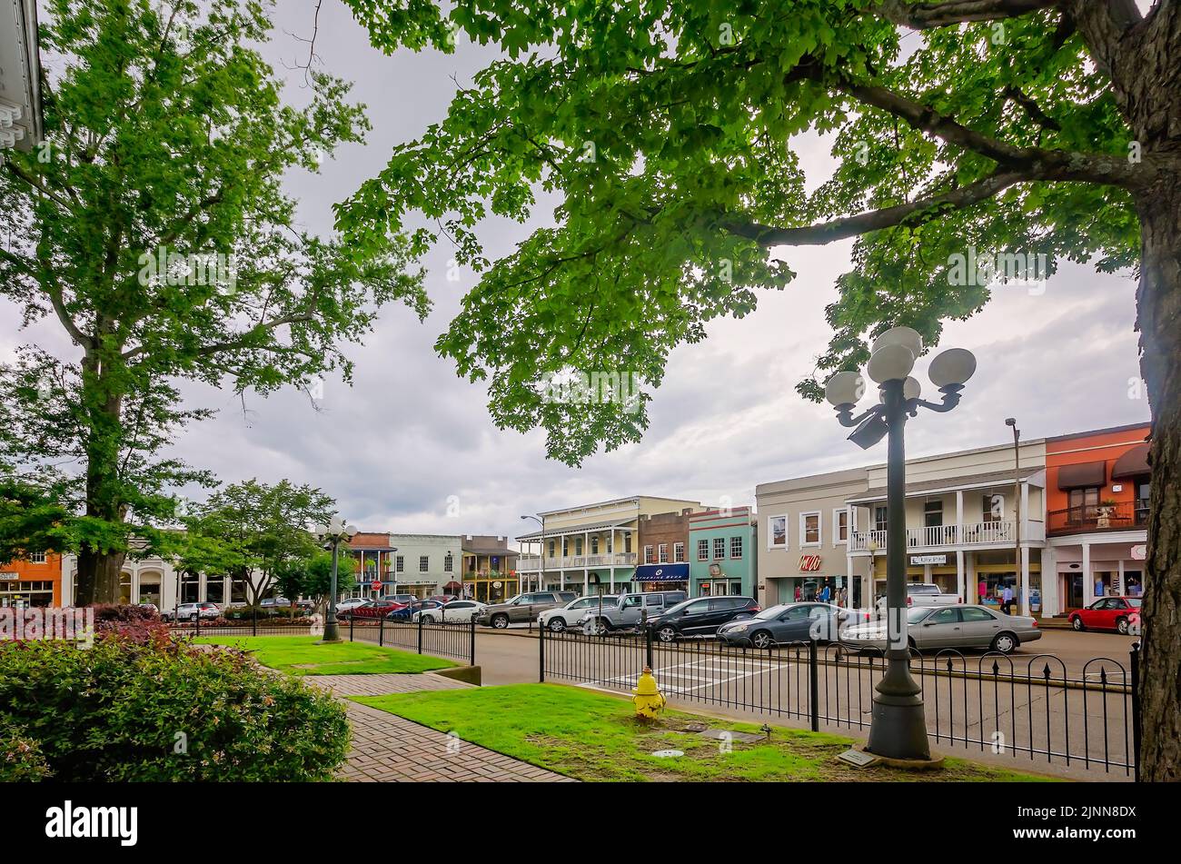 Shops are pictured in Courthouse Square, May 31, 2015, in Oxford, Mississippi. Stock Photo