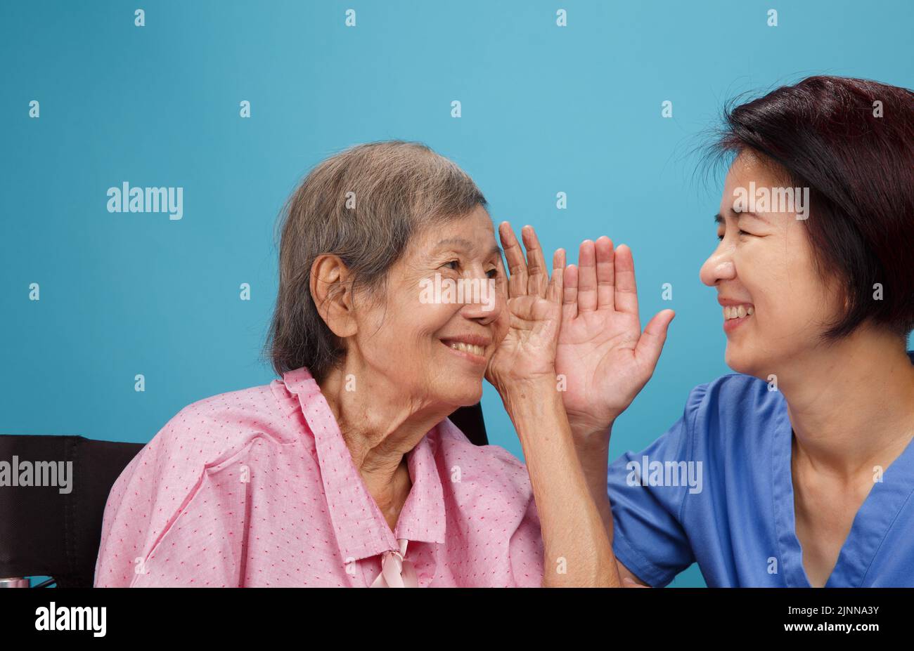 Asian seniors woman hearing loss , Hard of hearing Stock Photo Alamy