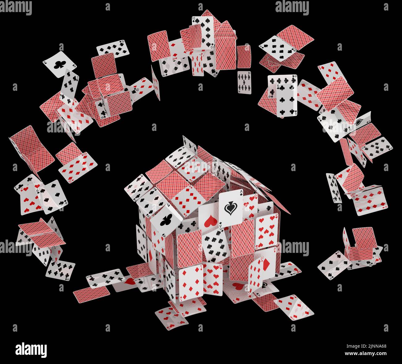 Cards house game gambling abstract flying above, 3d illustration, horizontal, over black, isolated Stock Photo