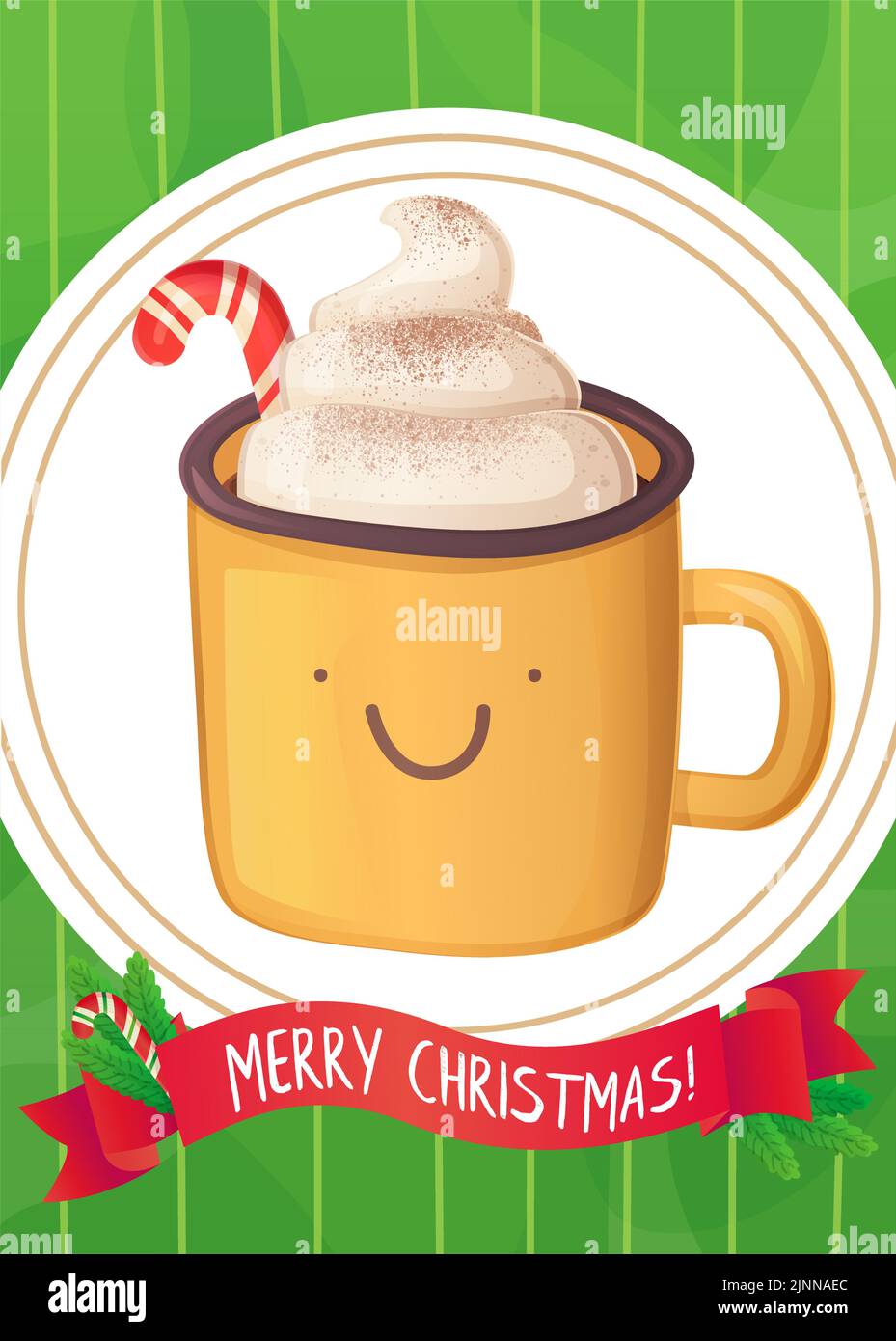 Cute hot chocolate with whipped cream and candy cane christmas greeting card. Stock Vector