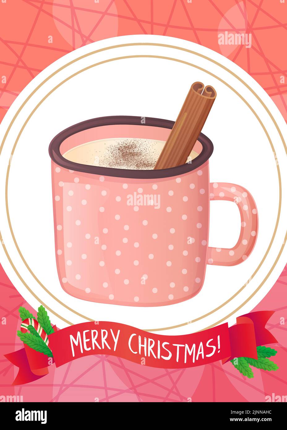 Cute eggnog drink with chocolate powder and cinnamon christmas greeting card Stock Vector