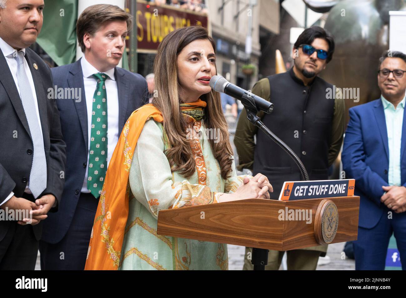 New York, NY - August 12. 2022: Consul General of Pakistan Ayesha Ali speaks during ceremony of Pakistani flag raising at Bowling Green Park Stock Photo