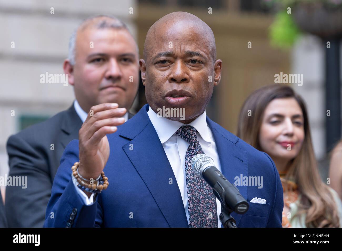 New York, NY - August 12. 2022: Mayor Eric Adams speaks during ceremony of Pakistani flag raising at Bowling Green Park Stock Photo